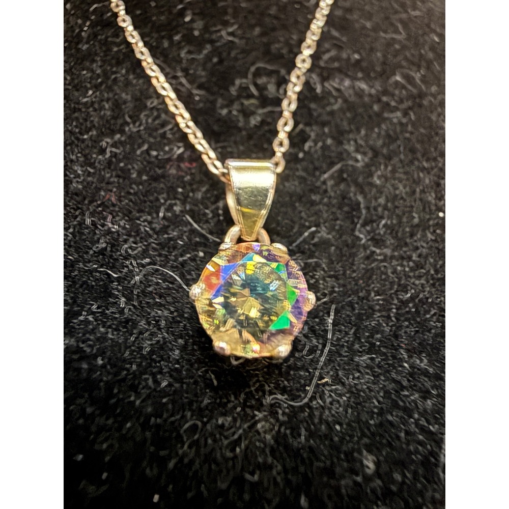 925 Sterling Silver Mystic Topaz Solitaire Pendant Necklace Iridescent Rainbow